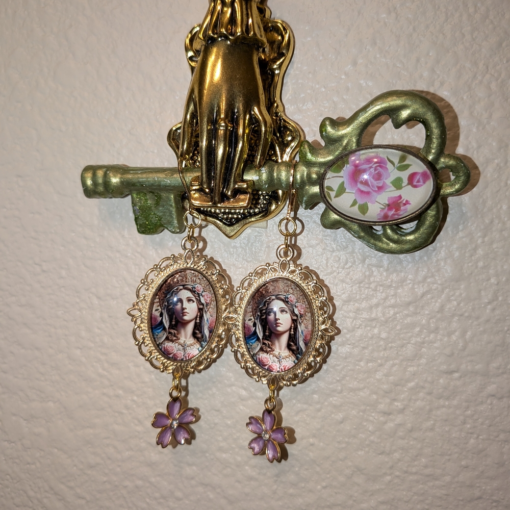 Gold and Purple Floral Cameo Earrings